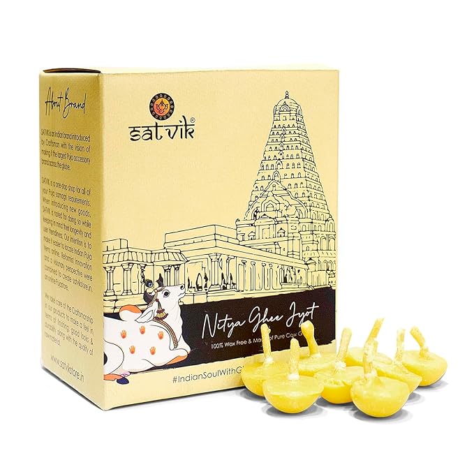 Pack of 50 Pure Cow Ghee Diya Wicks (Wax Free), crafted with Ayurvedic cow ghee for clean, sacred illumination in daily pooja. India’s Largest Pooja Accessories Brand – www.satvikstore.in