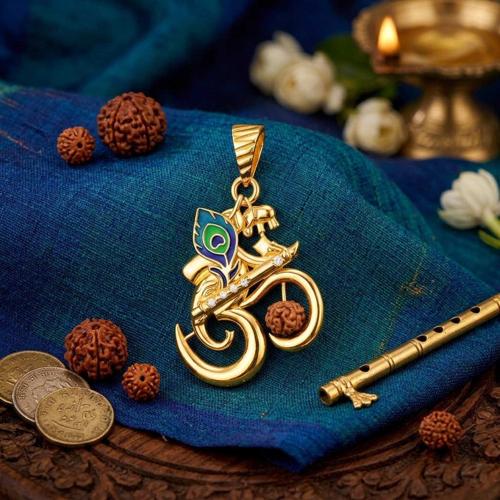 925 Sterling Silver Gold Plated Om Krishna Rudraksha Pendant