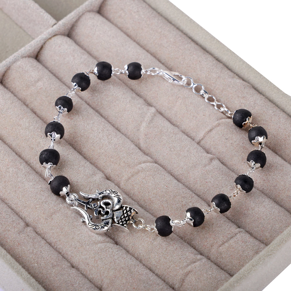 Silver Plated Karungali Bracelet with Om Trishul Charm