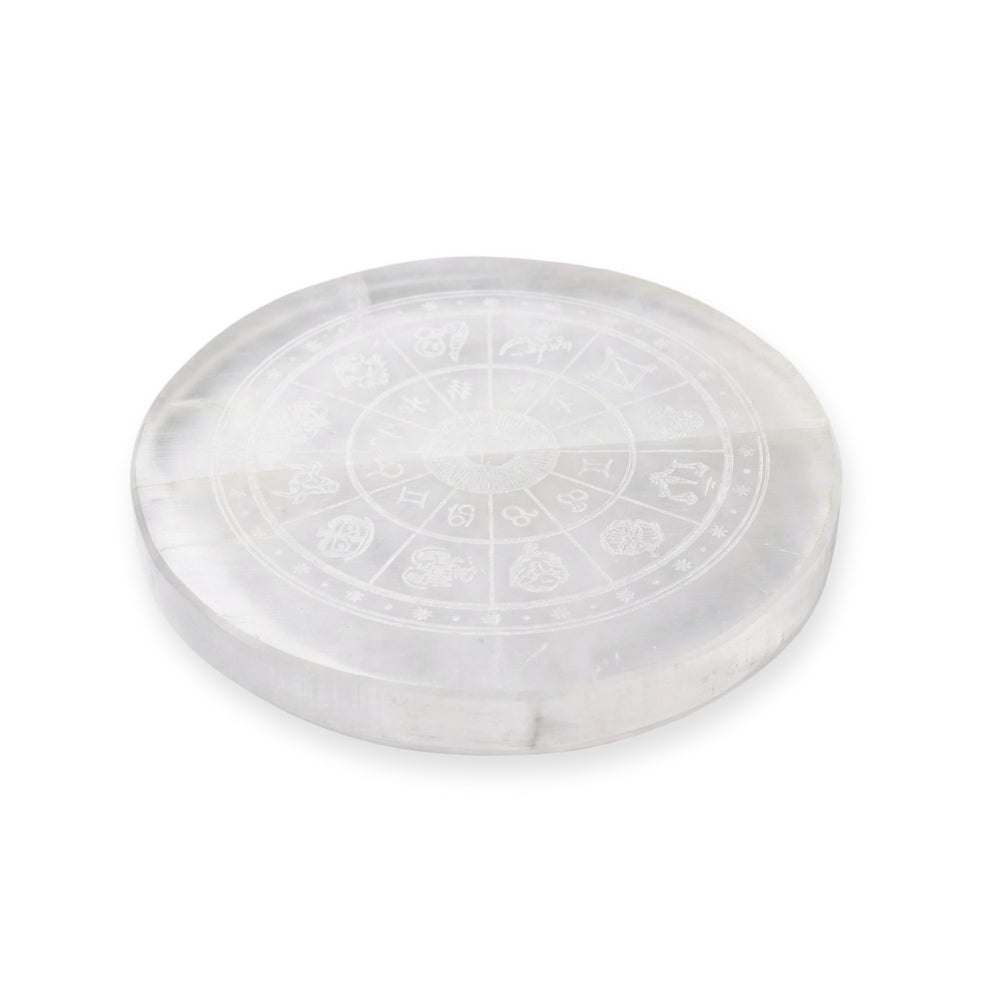 Selenite Crystal Recharging Plate with Zodiac Sign Spiritual Tool