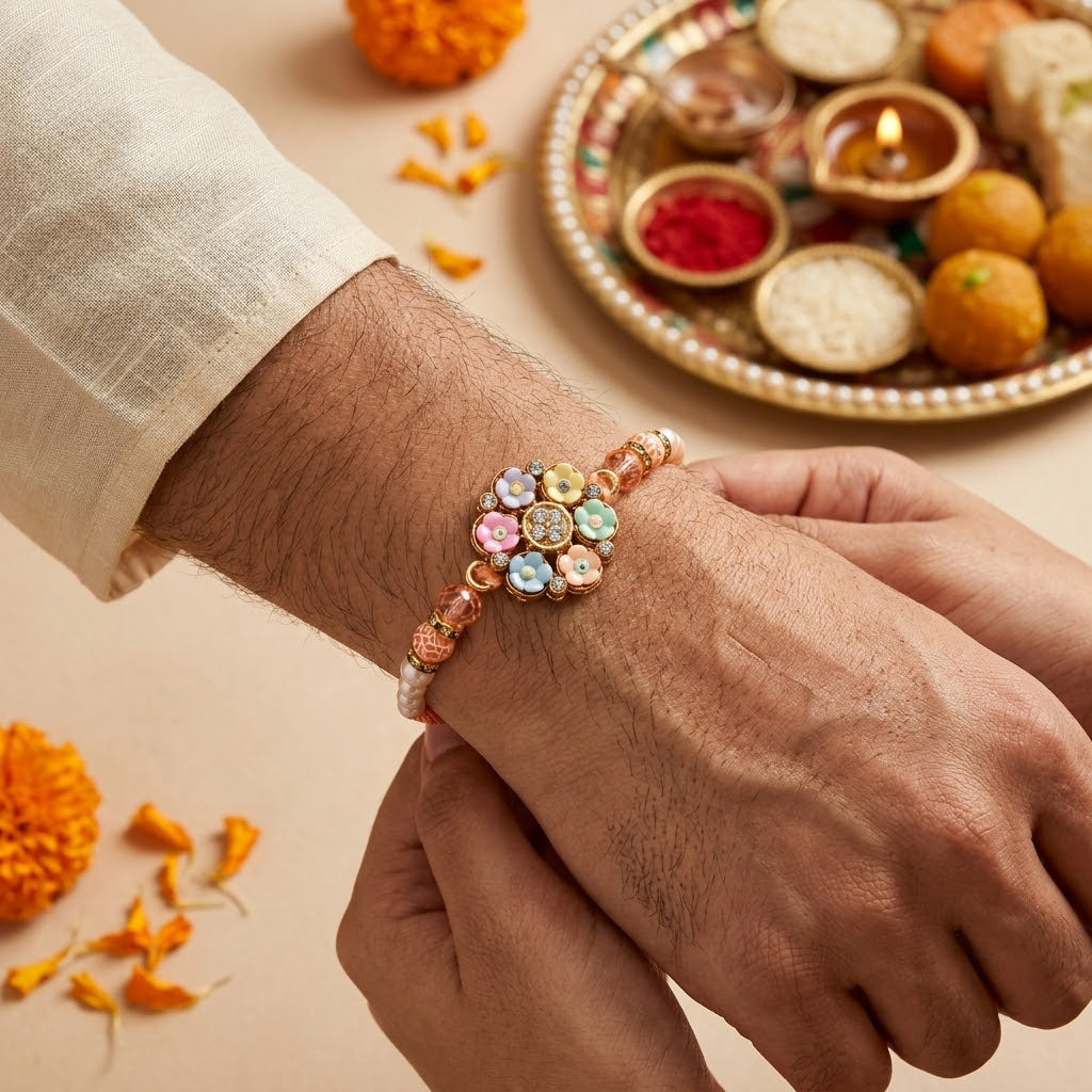 Handcrafted Pastel Floral Divine Peacock Rakhi (Set of 2)