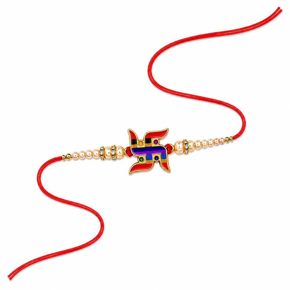 Multicolor Striped Swastik Emblem Golden Pearl Rakhi