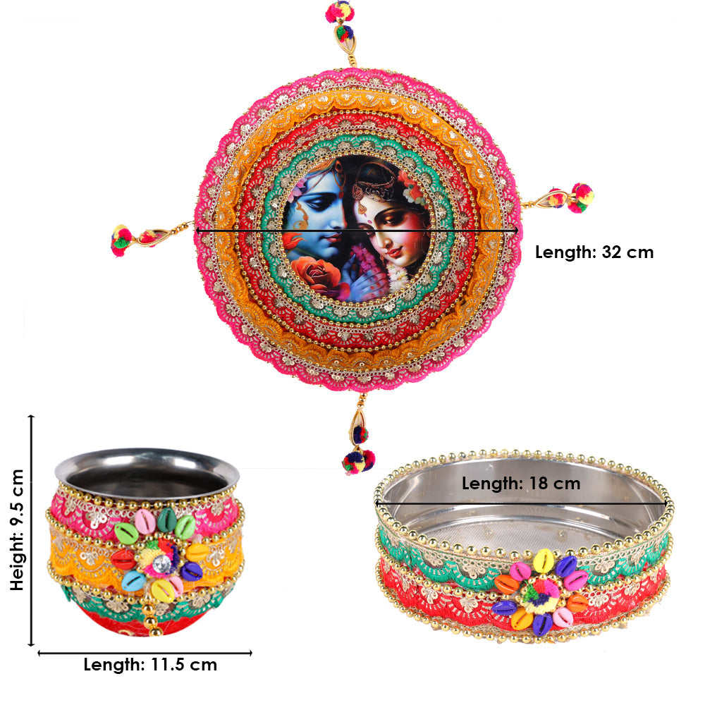 11 Pc Vibrant Red Radha Krishna Designer Karwa Chauth Thali Set