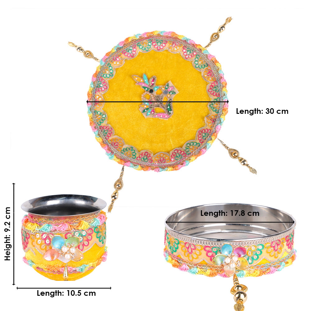 11 Pc Yellow Embroidery Karwa Chauth Thali Set