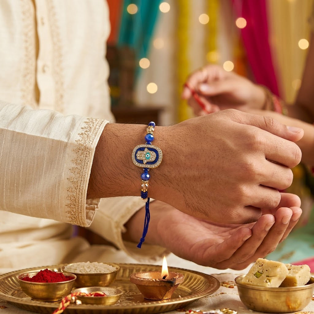 Turquoise Evil Eye and Hamsa Hand Designer Rakhi (Set of 2)