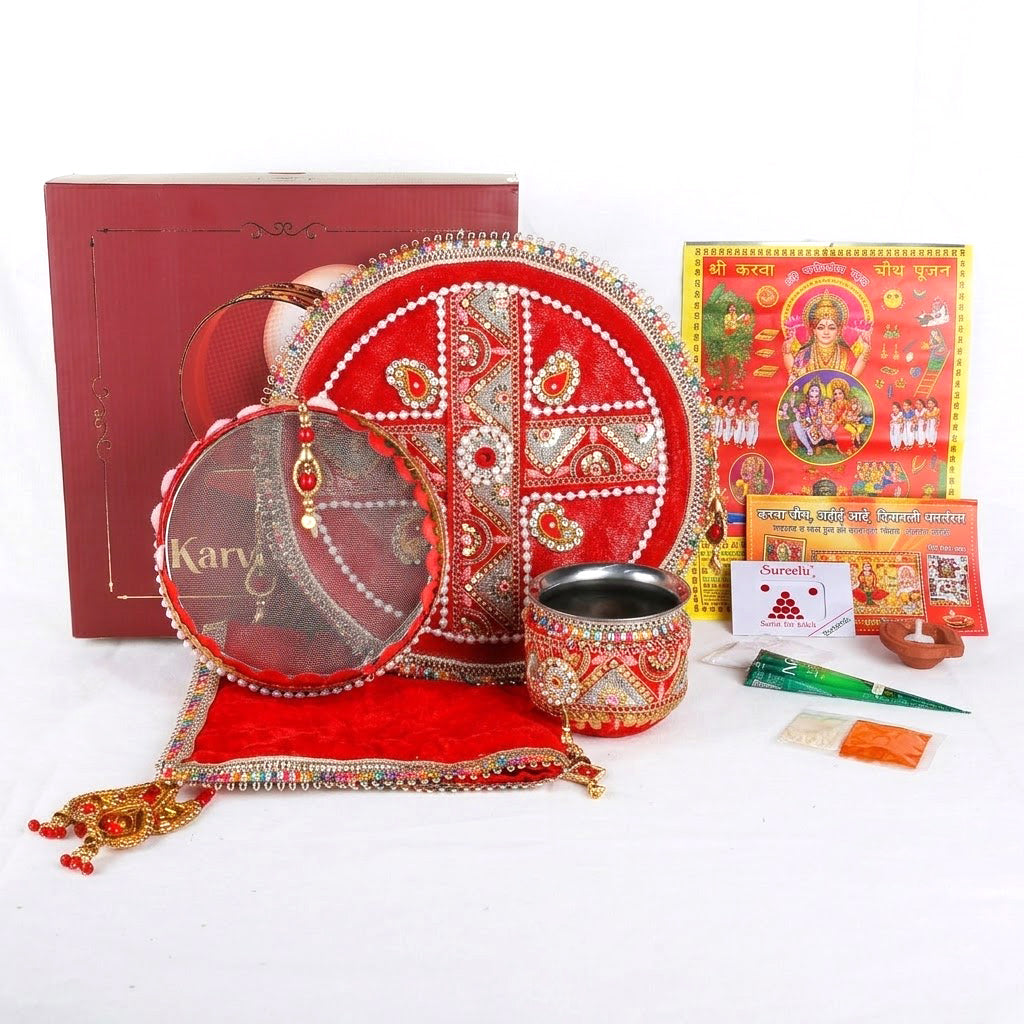 11 Pc Elegant Red Embroidery Karwa Chauth Thali Set