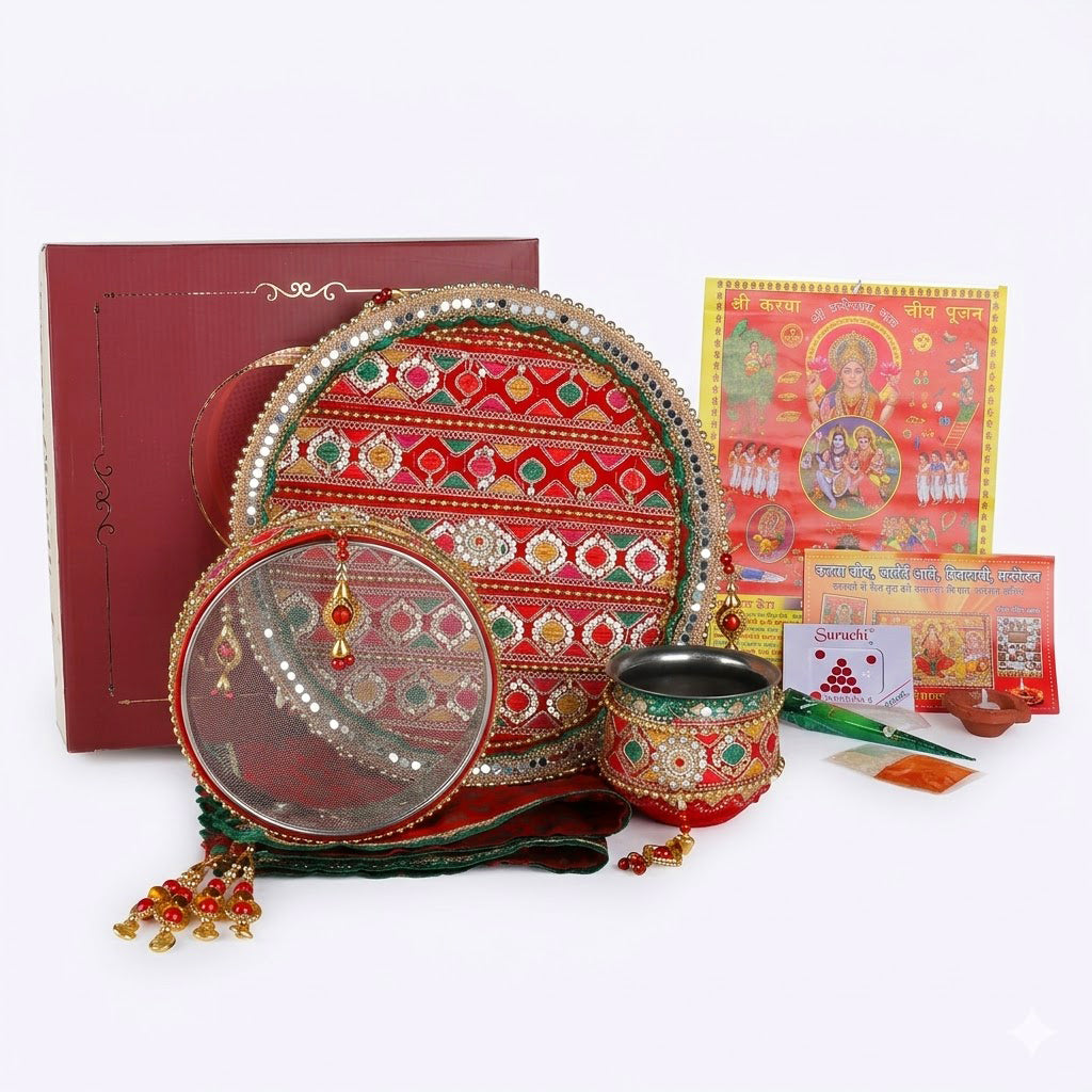 11 Pc Stunning Red Embroidery Karwa Chauth Thali Set