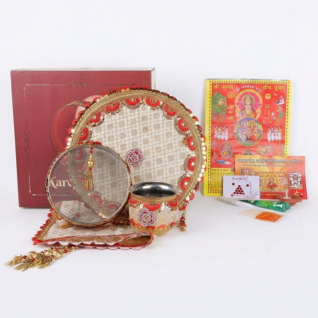 11 Pc Golden Grace Floral Karwa Chauth Thali Set