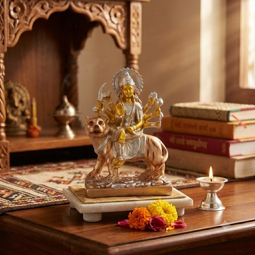 Premium Silver & Gold Maa Durga Resin Statue