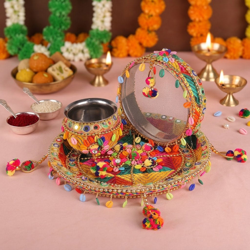 11 Pc Multicolor Thread Work Karwa Chauth Thali Set