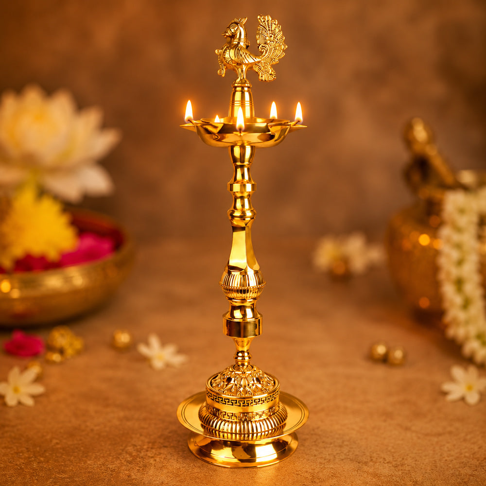 23 Inch 1 Step Brass Embossed Peacock Kerala Stand Diya