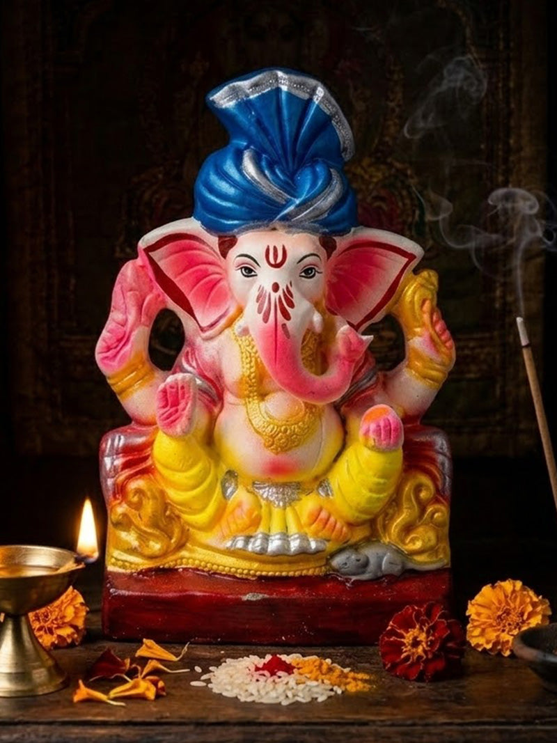8 Inch Vibrant Hand Painted Ganesha Idol with Royal Blue Turban | India’s Largest Pooja Accessories Brand – www.satvikstore.in