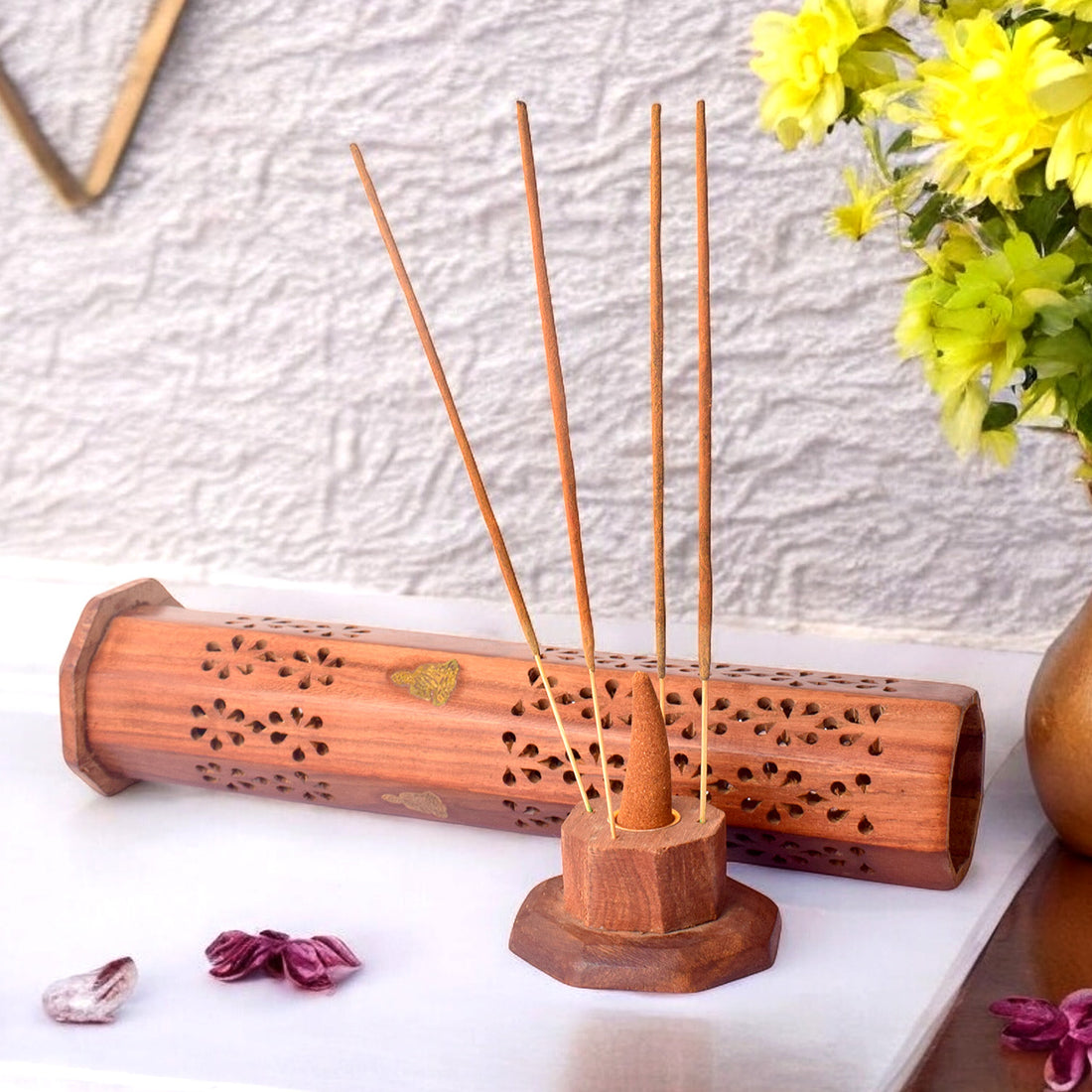 Handcrafted Wooden Standing Incense Holder for Pooja and Home Decor