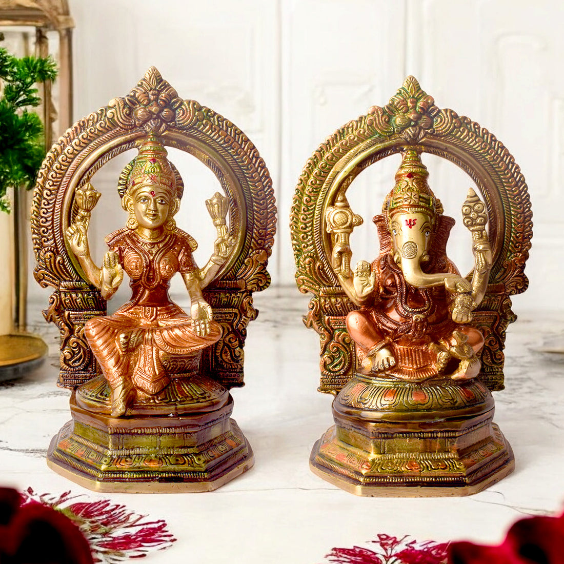 9.4 Inch Brass Lakshmi Ganesha Idol – Traditional Design