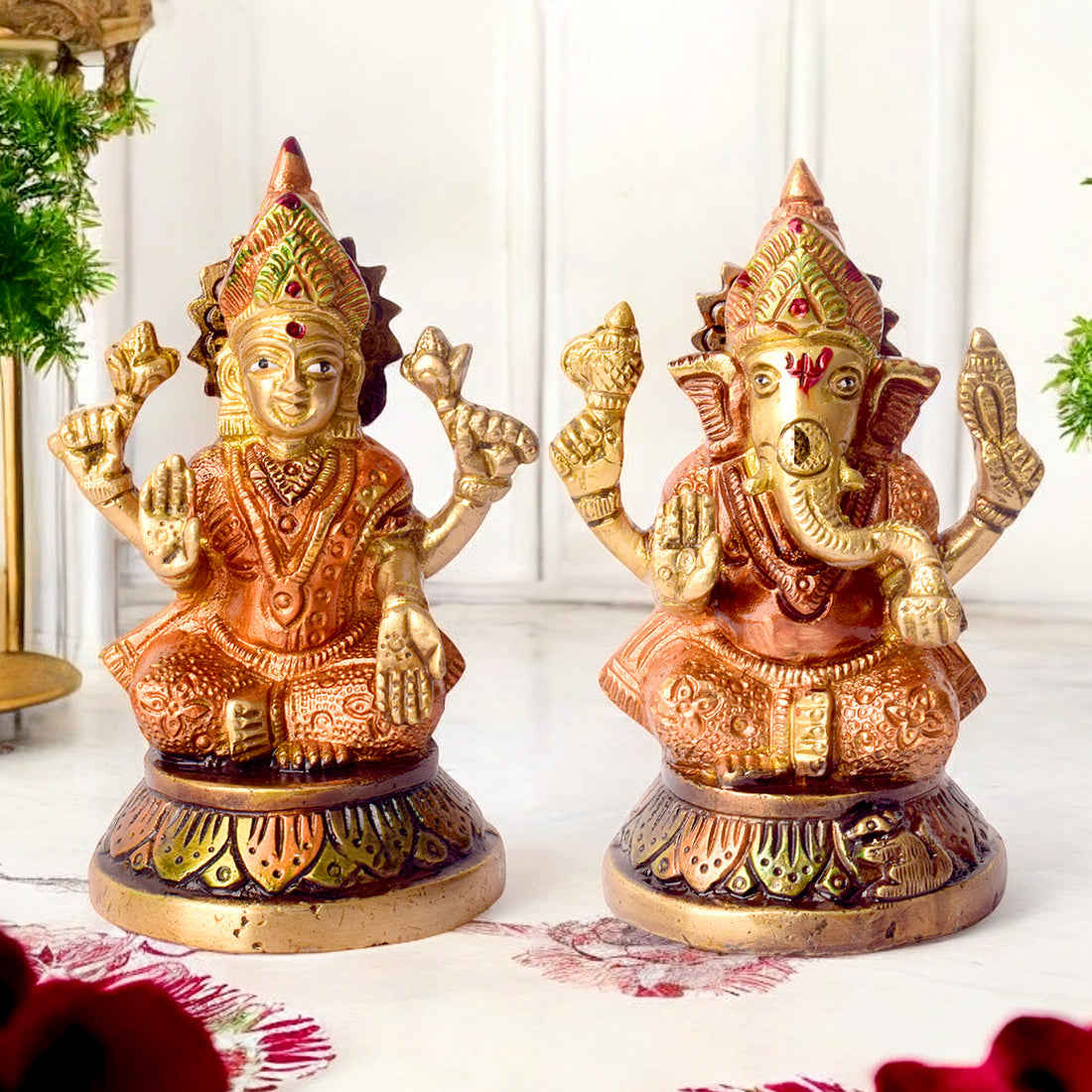 4.5 Inch Handcrafted Brass Lakshmi Ganesha Idol