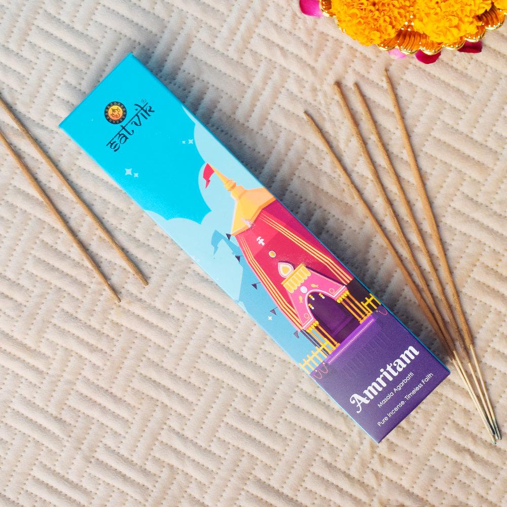 Amritam Pure Masala Incense Sticks pack for spiritual aroma, meditation, and relaxation. India’s Largest Pooja Accessories Brand - www.satvikstore.in