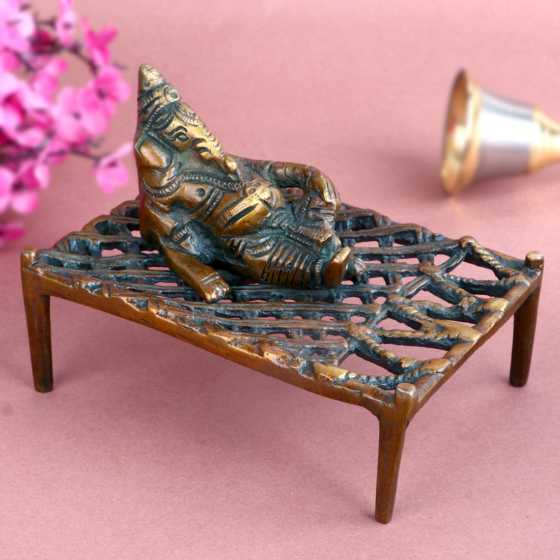 3.3 Inch Antique Brass Ganesha Relaxing on Charpoy – Unique and Artistic Idol for Home Décor, Gifting, and Spiritual Ambience. No.1 Brass Idol Store www.satvikstore.in
