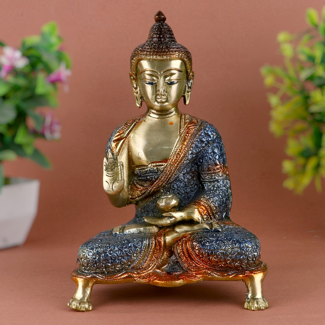 8.3 Inch Contemplative Brass Colorful Buddha Idol in Blue – Beautifully Handcrafted Statue of Lord Buddha in a Meditative Pose, Symbolizing Calmness, Enlightenment, and Inner Peace, Ideal for Home Decor. No.1 Brass Idol Store www.satvikstore.in