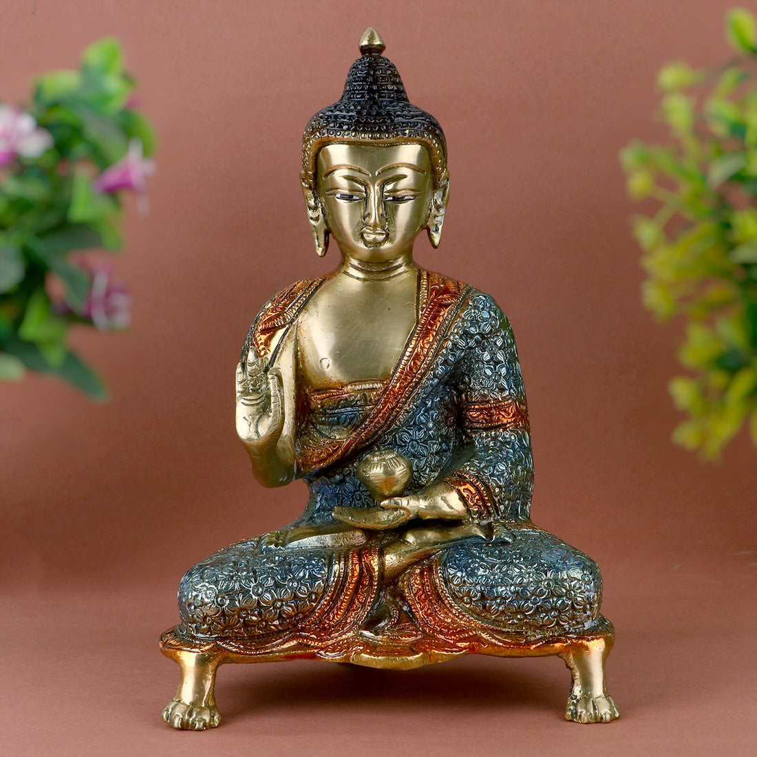 8.3 Inch Contemplative Brass Colorful Buddha Idol in Green – Peaceful and Vibrant Statue Depicting Lord Buddha in a Meditative Pose, Perfect for Home Decor. No.1 Brass Idol Store www.satvikstore.in
