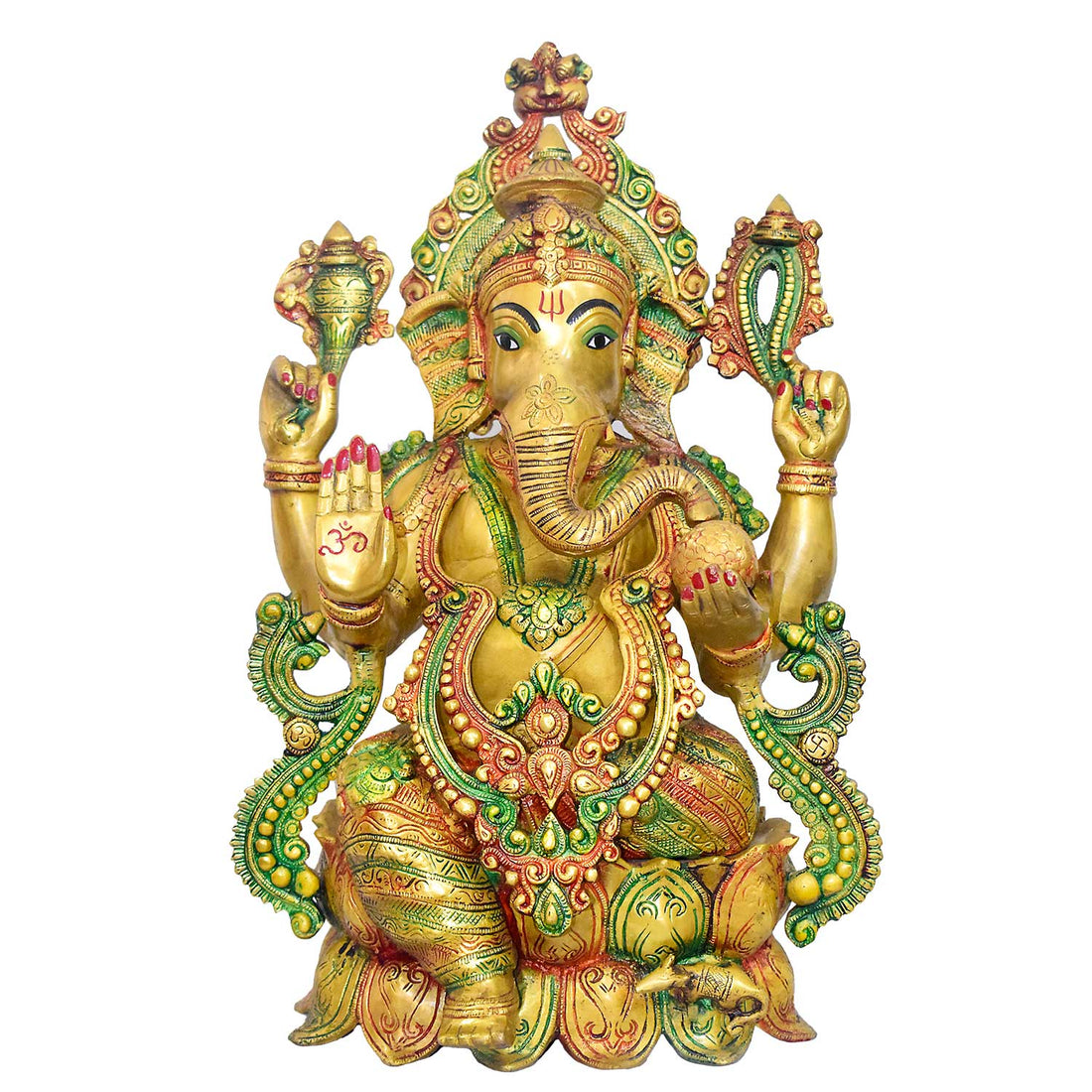 Temple-size brass Ganesha idol with glossy finish – 54 cm (21 inches) height, 37 cm (14.5 inches) length, and 20850 grams (20.85 kg) weight. This handcrafted temple-size murti is made from high-quality brass, perfect for home temples, puja, and gifting. Buy premium temple-size statues from India's Large Puja Accessories Brand - Satvik India's No. 1 Brass Collection
