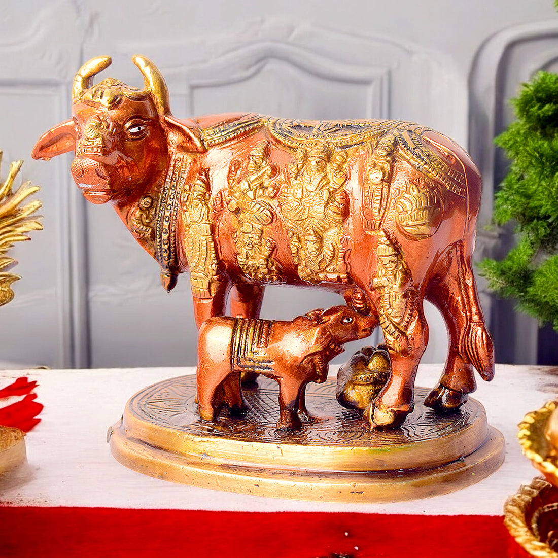 4.9 Inch Divine Brass Kamdhenu Cow with Calf Idol – Beautifully crafted symbol of abundance and purity, perfect for spiritual home décor, vastu remedies, and sacred gifting. No.1 Brass Idol Store www.satvikstore.in