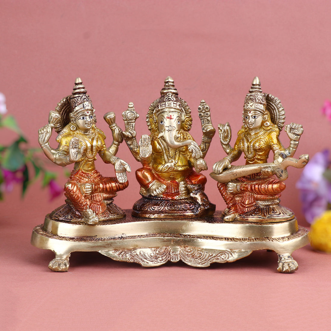 4.7 Inch Brass Lakshmi Ganesh with Saraswati Idol featuring finely detailed craftsmanship, ideal for pooja room and festive décor. No.1 Brass Idol Store www.satvikstore.in