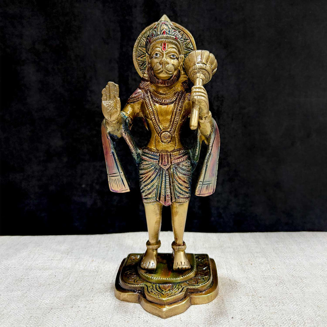 9.1 Inch Brass Standing Hanuman Statue – Majestic depiction of Lord Hanuman in a powerful stance, symbolizing strength, devotion, and divine protection for your home or temple décor. No.1 Brass Idol Store www.satvikstore.in