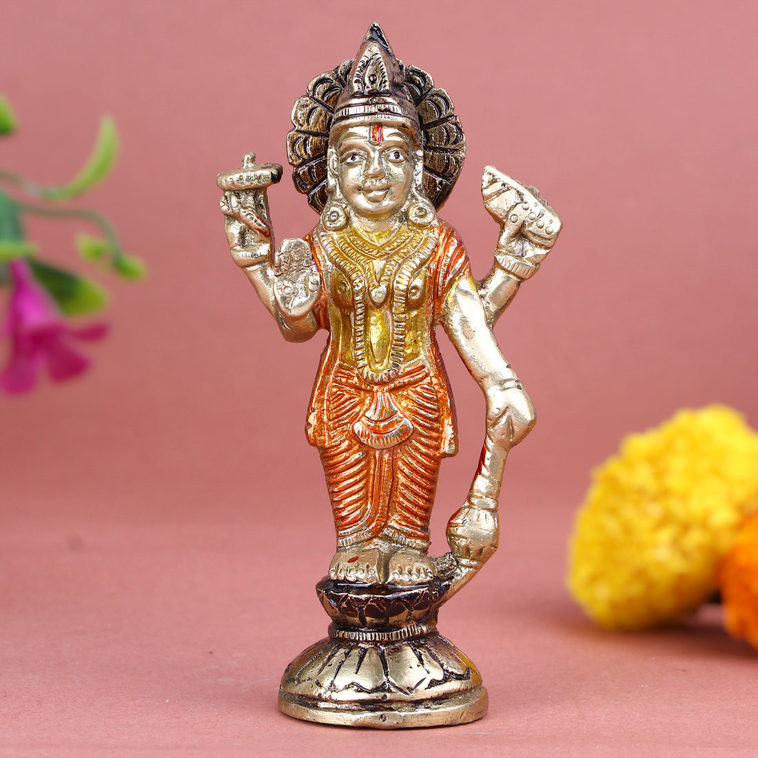 Elegant Brass Standing Lord Vishnu Idol – Divine Statue for Home Temple, Spiritual Decor, and Gift Giving. No.1 Brass Idol Store www.satvikstore.in