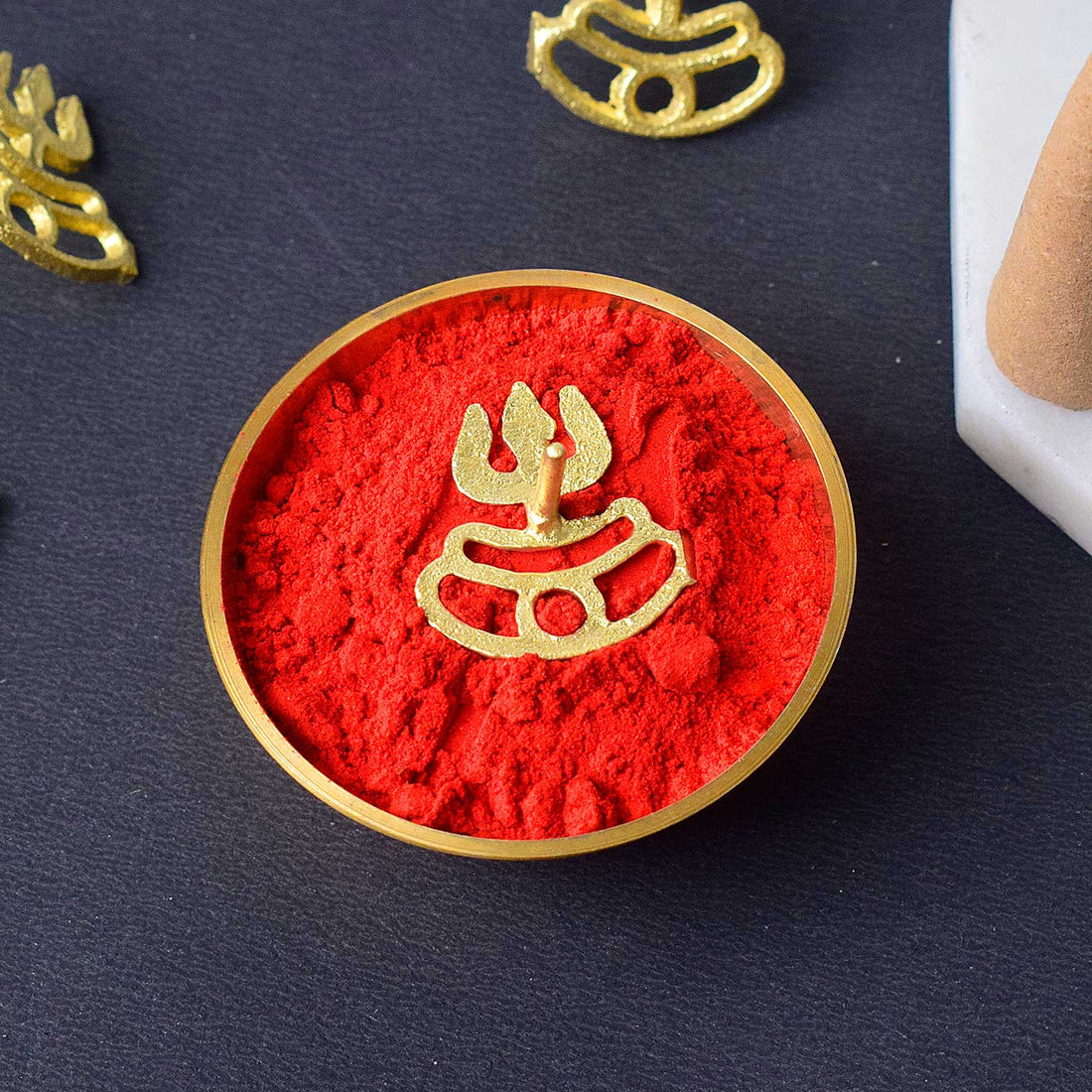 Brass Trishul with Tripund Tilak Stamp – a sacred deity ornament symbolizing Lord Shiva's power, used for applying tilak during puja rituals and enhancing spiritual decor.India’s Largest Pooja Accessories Brand - www.satvikstore.in