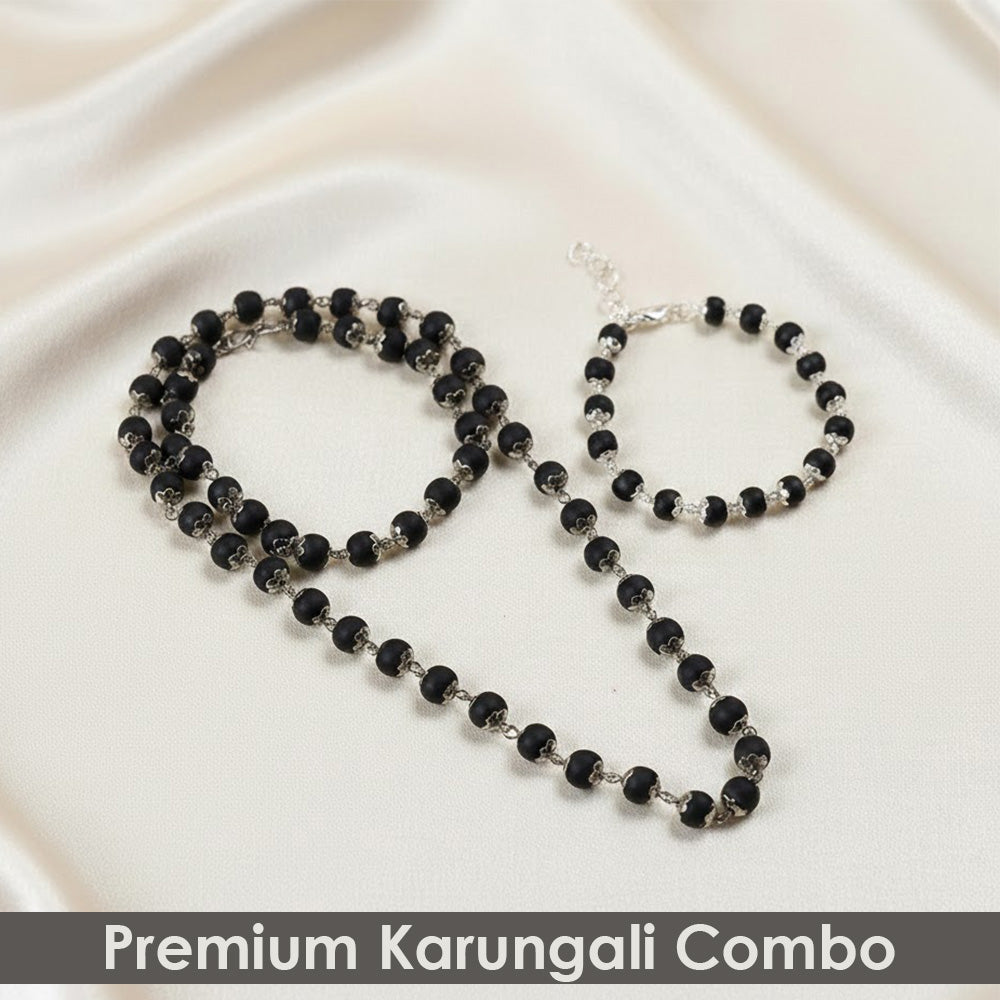 Certified Silver capping Karungali mala and matching bracelet with silver capping, symbolizing love, protection, and spiritual bonding. India’s Premium Jap Mala Store - www.satvikstore.in