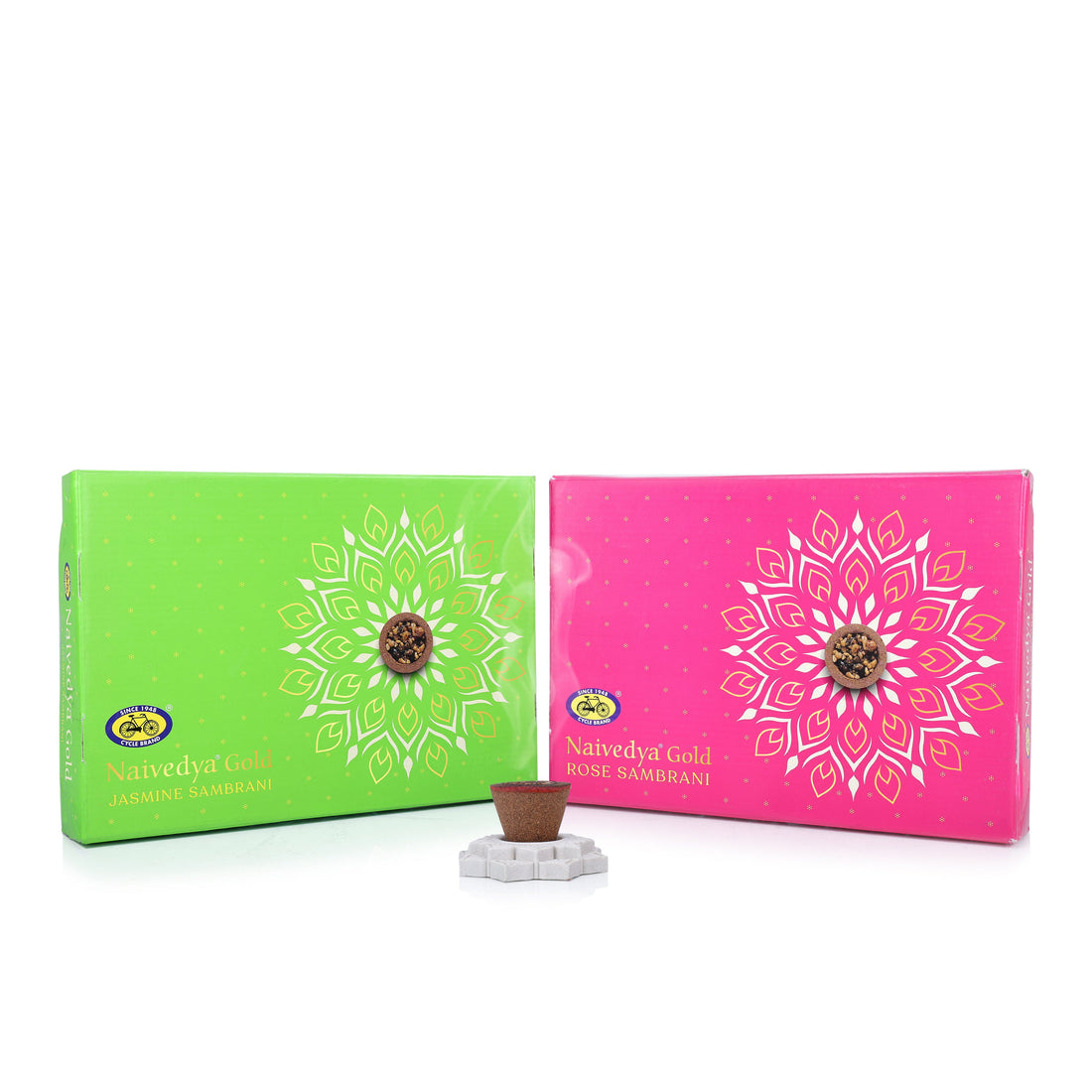 Naivedya Gold - Jasmine + Rose Sambrani Cups (Charcoal-free Havan Cups with Jasmine Fragrance) (36 pcs + Holder)