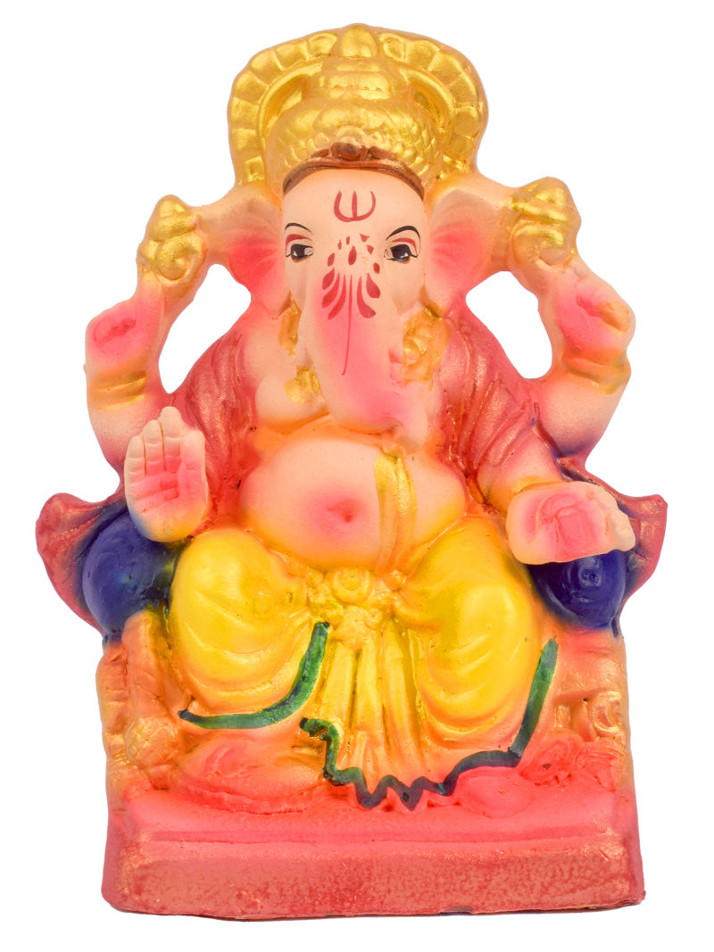 6 Inch Colorful Eco-Friendly Ganesha Idol Sitting on Shinghasan