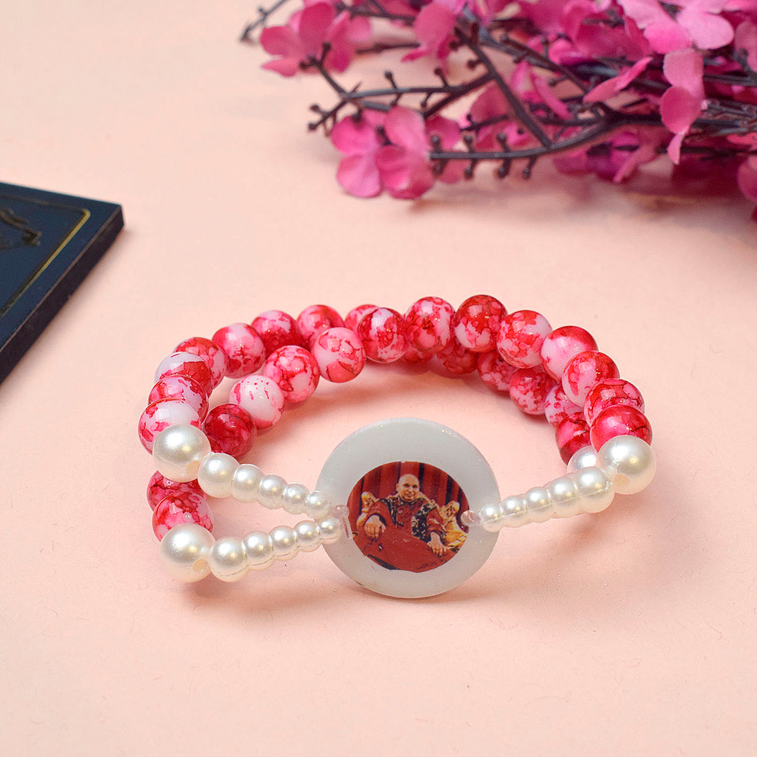 Crystal Red Beads Double Layer & White Pearl Bracelet with Jai Guruji Swaroop