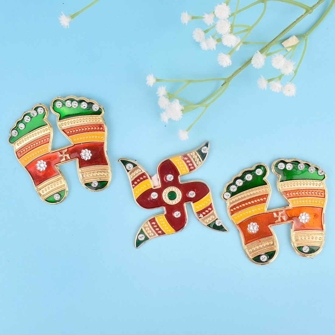 Shining Diwali Swastik and Charan Paduka Set of 3