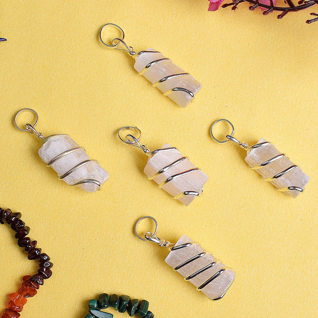 Natural Wire Wrapped Selenite Crystal Stone Pendant