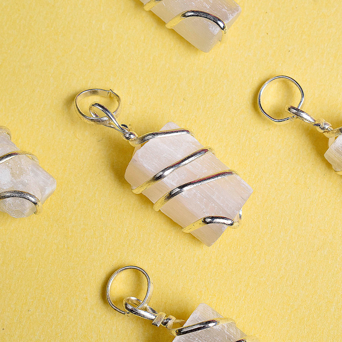 Natural Wire Wrapped Selenite Crystal Stone Pendant