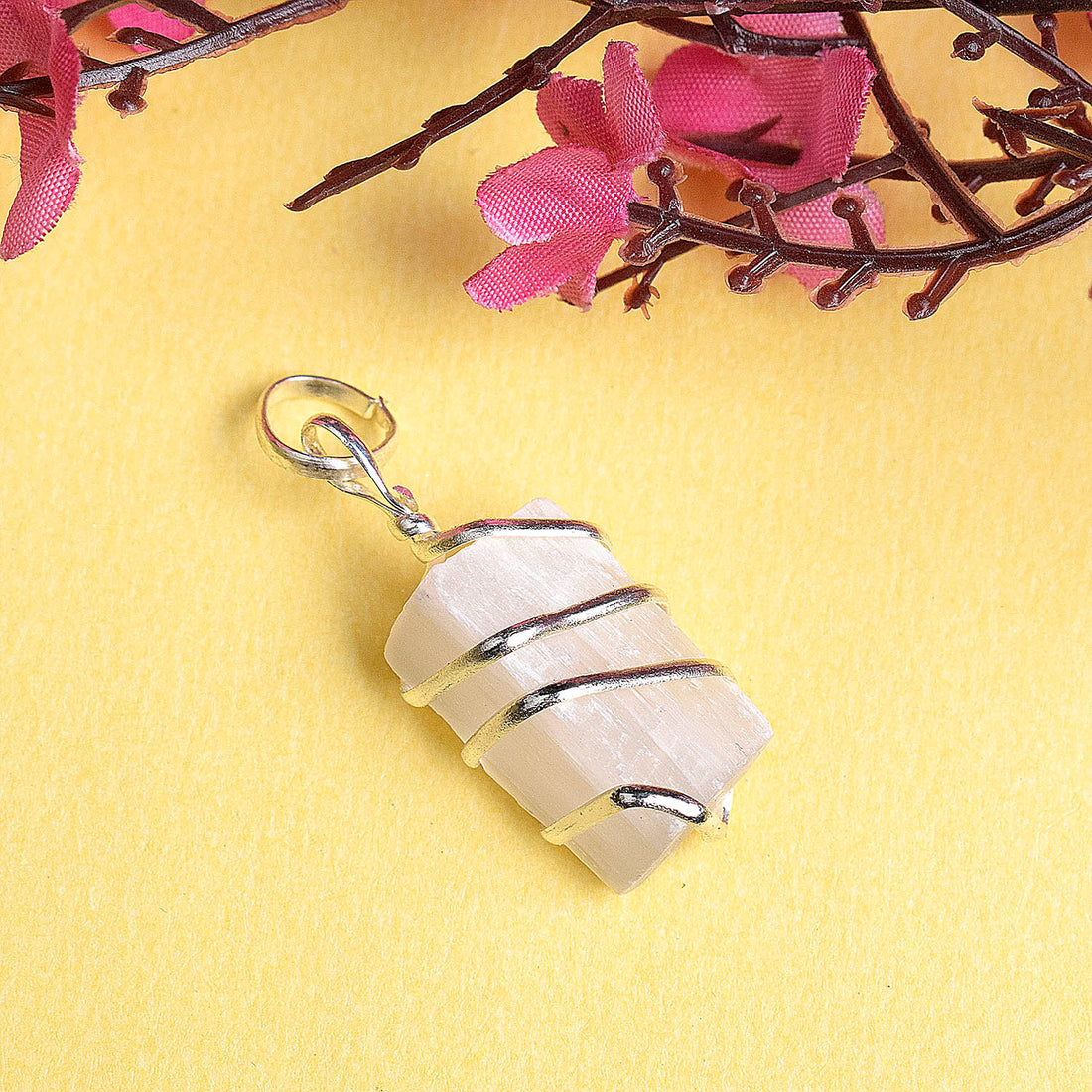 Natural Wire Wrapped Selenite Crystal Stone Pendant