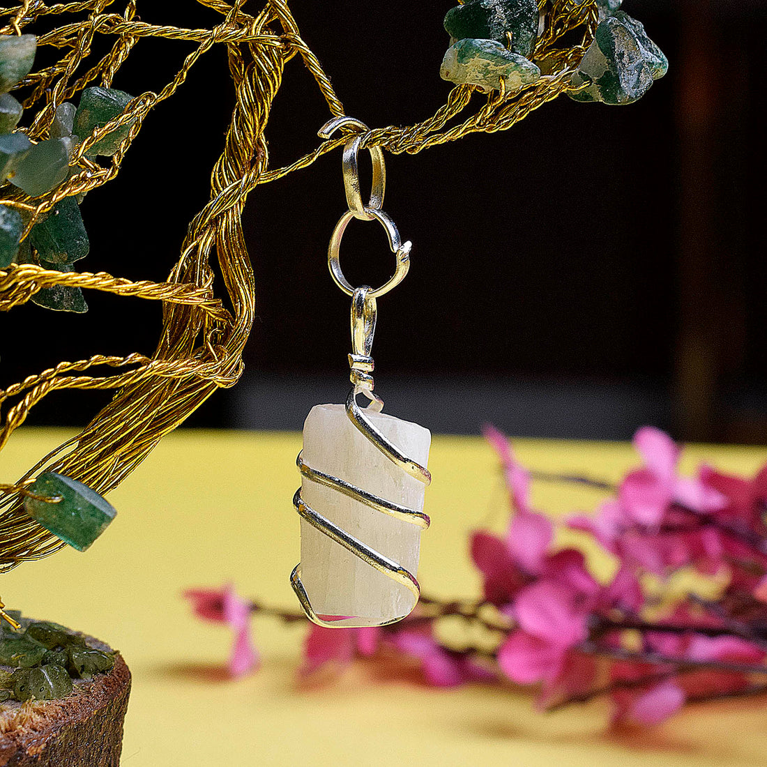 Natural Wire Wrapped Selenite Crystal Stone Pendant