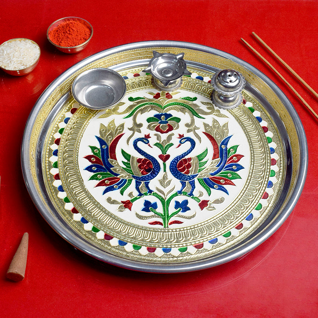 Stainless Steel Printed Aarti Thali Set - Divinity Defined
