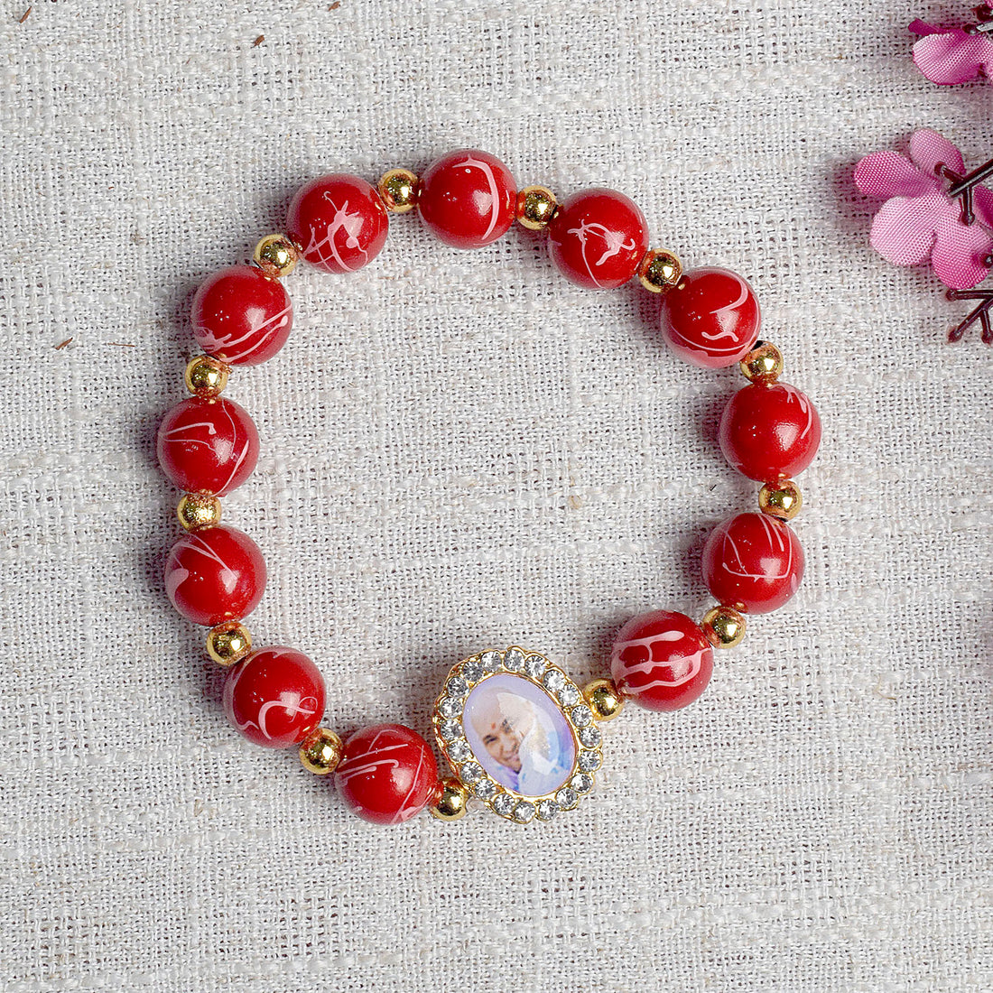 Maroon Round Pearl Bracelet with Jai Guruji Swaroop Handmade Bracelets for Men and Women