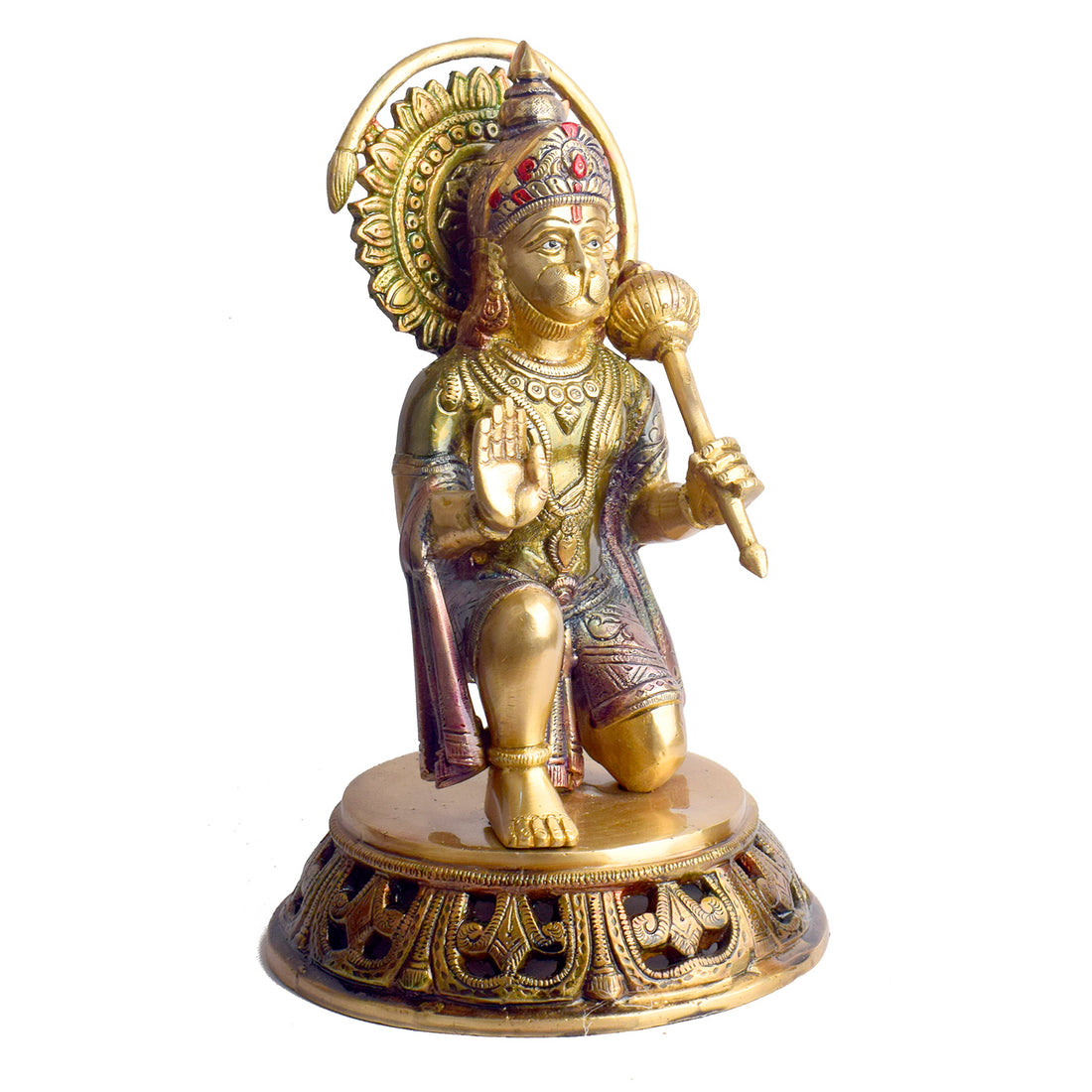 The "10.6 Inch Brass Hanuman Idol โ Protector of Courage and Faith" is a stunningly detailed representation of Lord Hanuman, the embodiment of strength, devotion, and unwavering courage.