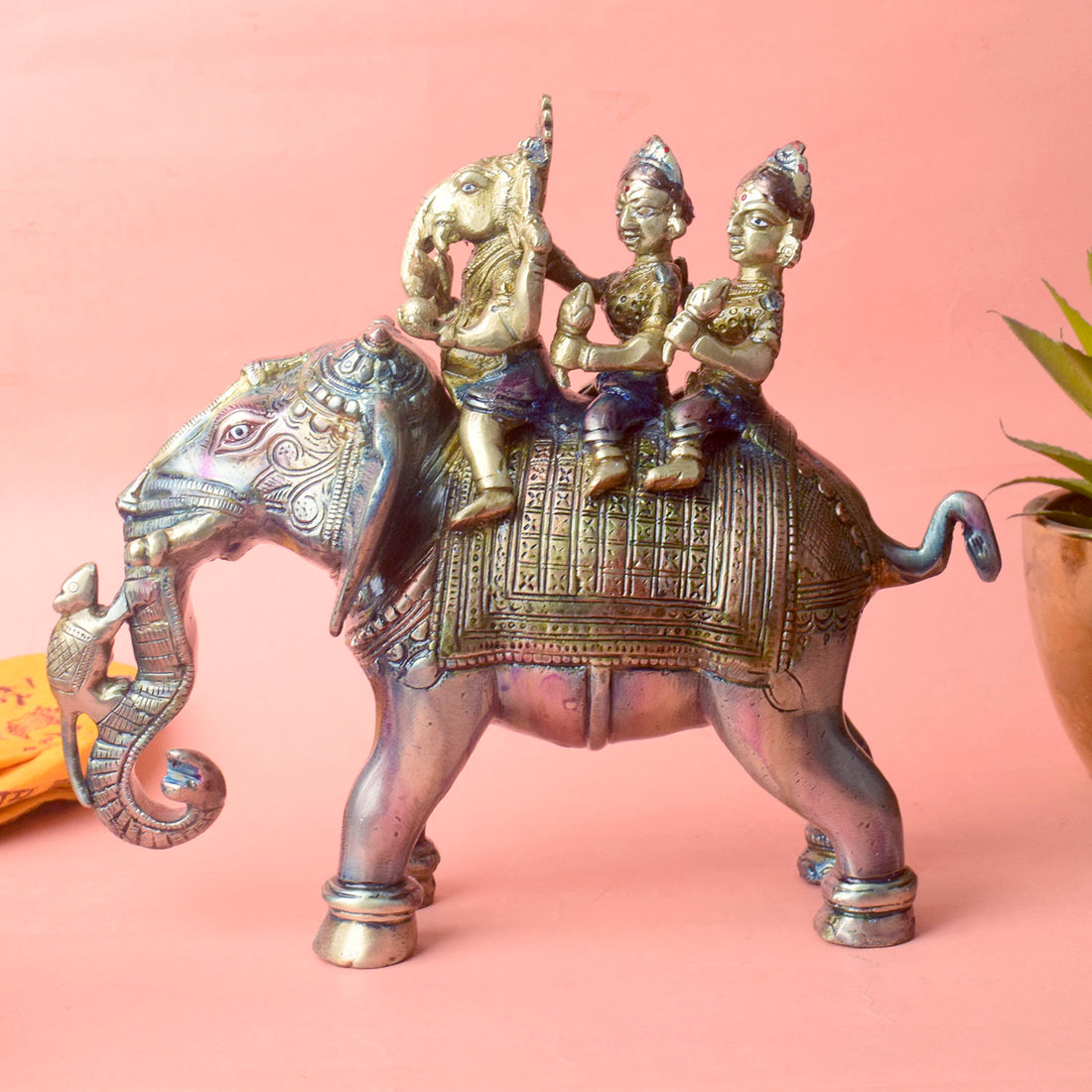 8 Inch Brass Lord Ganesh Sitting On A Elephant Riding With Riddhi And Siddhi