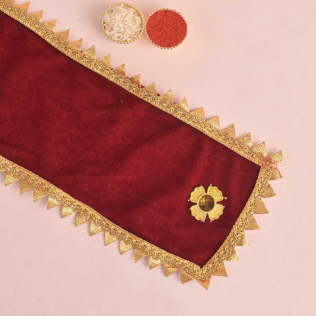 Maroon Velvet Ganpati Idol Patka with Zigzag Gold Border - 22 Inch