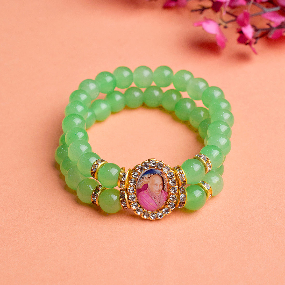 Light Green Stone Bracelet with Jai Guruji Swaroop