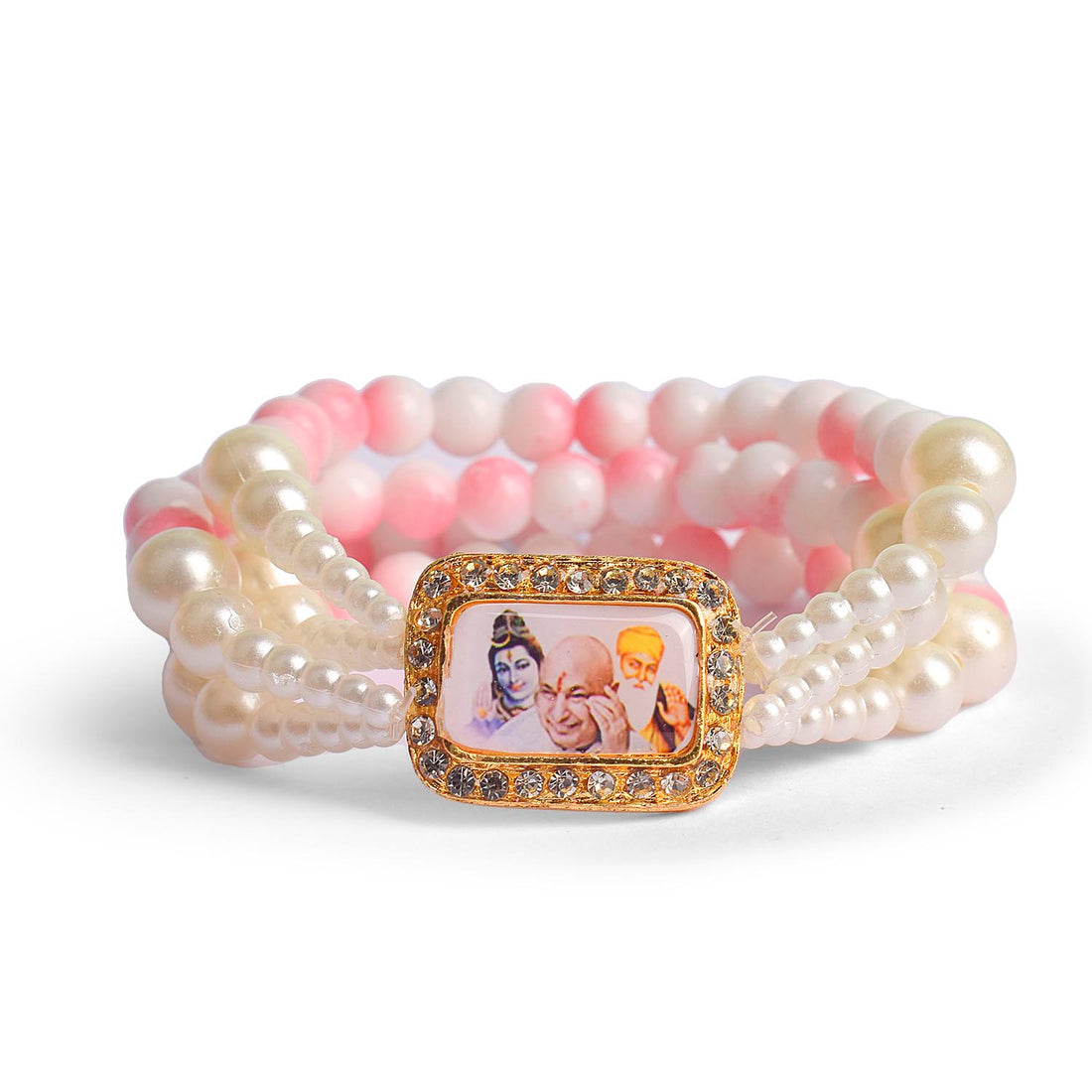 White & Pink Marble with White Pearl Four Layer Guruji Swaroop Bracelet