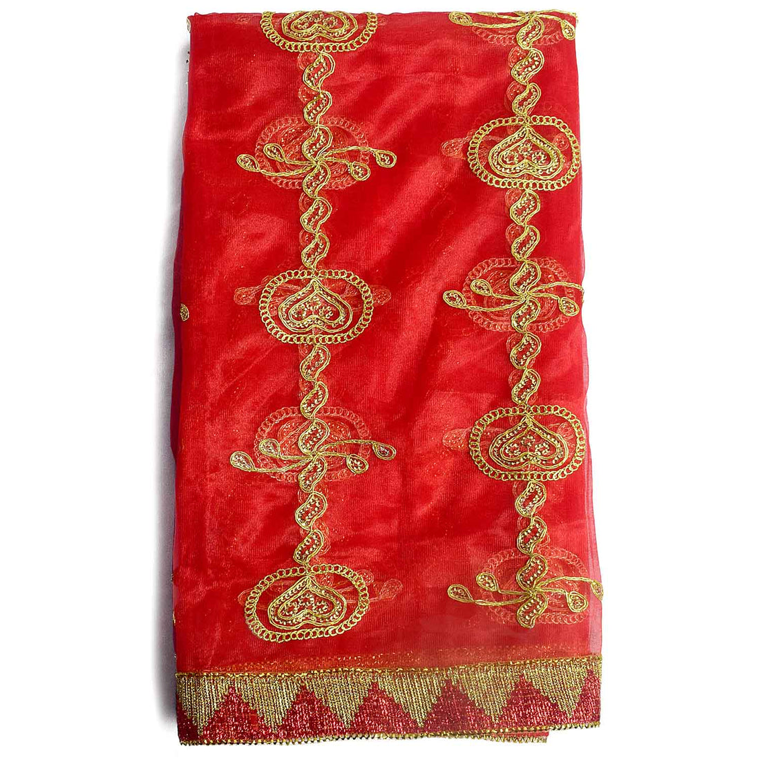Premium Mata Ki Chunri with golden embroidered vertical patterns featuring traditional floral and swirl designs. This Chunri measures 216 cm (85 inches) in length and 100 cm (39 inches) in height, making it ideal for Devi Puja, temple offerings, and festive celebrations like Navratri and Durga Puja. The rich golden border enhances its elegance and sacred significance.
Shop Big Size Mata Ki Chunri, Devi Chunri for Puja, and more at Satvik Store. A perfect offering for temple rituals and religious ceremonies