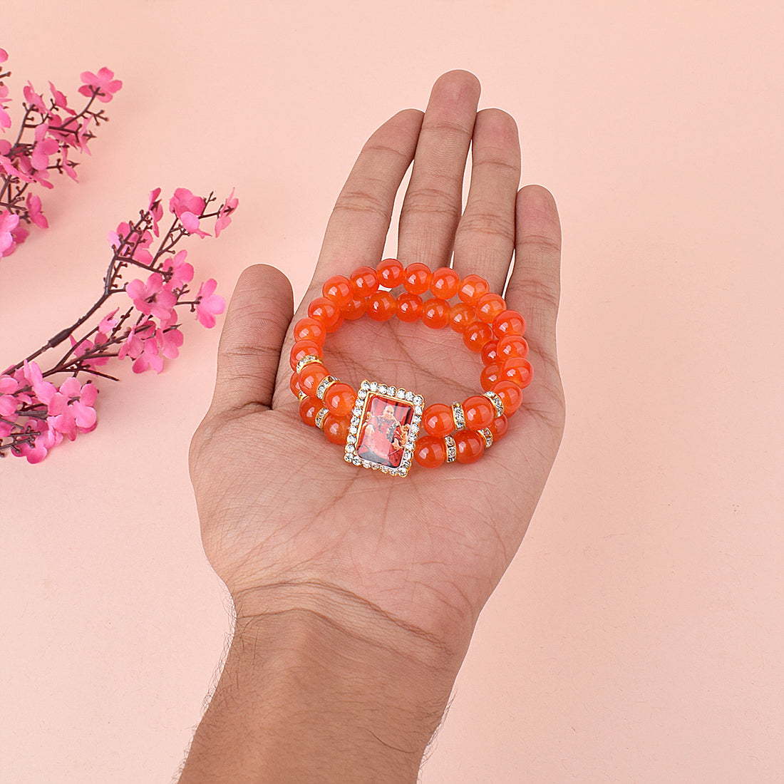 Orange Double Band Round Pearl Bracelet with Jai Guruji Swaroop Handmade Bracelets for Men and Women