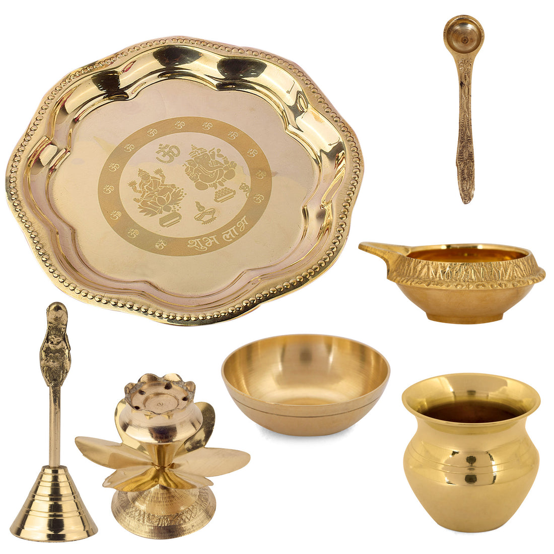 7 Piece Brass Om Laxmi Ganesh Pooja Thali Set (7.5 Inch - 8 Inch) Design 2