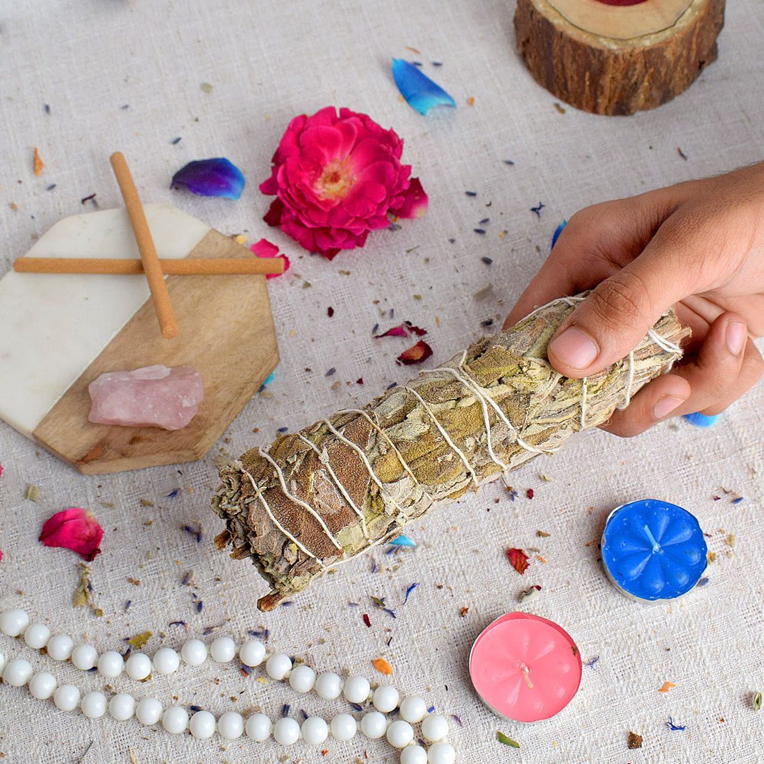 MAXICAN INCENSE SAGE WITH ROSE QUARTZ CRYSTAL HEALING SMUDGE