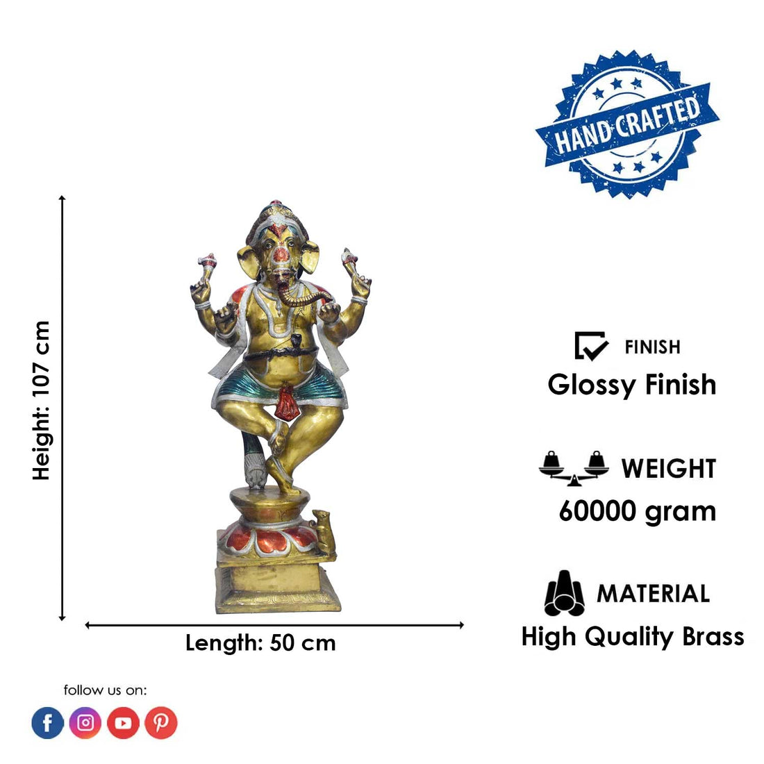 42 Inch Large Brass Standing Ganesha Statue with Modak & Lotus